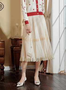 固执春季新款松紧腰蕾丝网纱杏色中长a字半身裙80131BQ07980