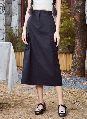 固执秋季新款复古抽绳高腰开衩工装裙a字半身裙00033BQ08567