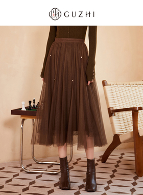 固执秋季新款学院风网纱蕾丝高腰中长a字半身裙90233BQ08487