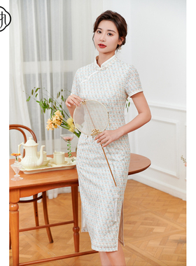 固执夏季新款中国风蕾丝印花短袖改良中长旗袍裙80132QP08040