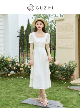 固执夏季新款法式复古方领泡泡短袖长款连衣裙10832LQ08163