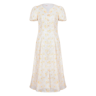 固执夏季新款法式气质泡泡袖碎花黄色高腰a字中长款连衣裙女