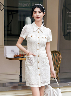 固执夏季新款小香风蕾丝排扣短袖气质短款连衣裙80142LQ09274
