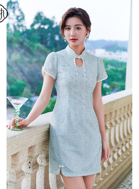 固执夏季新款中式蕾丝格子短袖小个子旗袍裙40032QP08049