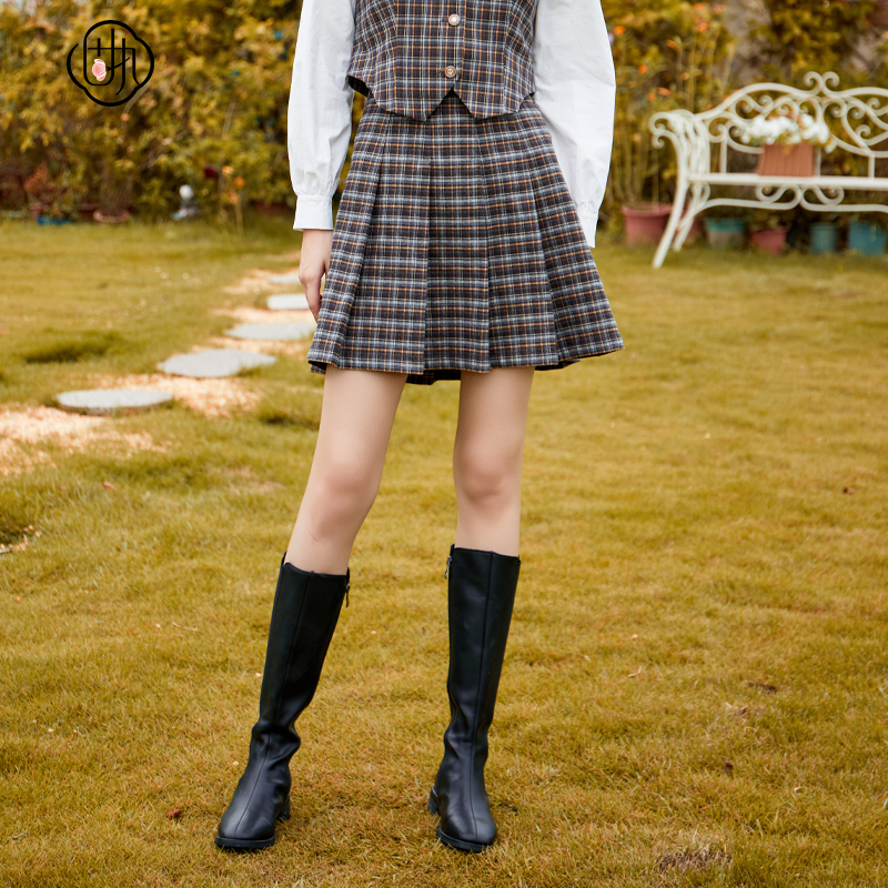 复古学院风休闲百褶  格子短裙半身a字裙
