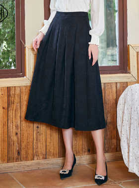 固执秋季新款复古提花高腰百褶中长款a字半身裙00033BQ08400