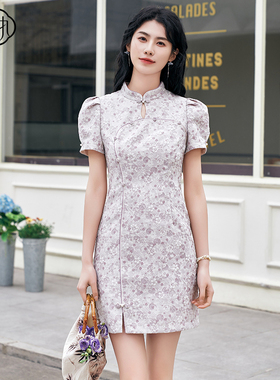固执夏季新款中式立领提花泡泡短袖旗袍短连衣裙71442QP09267