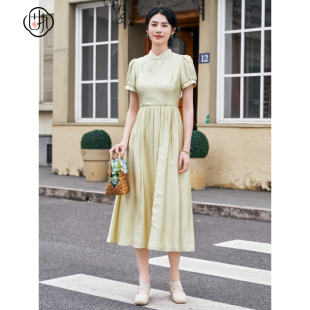气质立领刺绣短袖 中式 中长连衣裙50842LQ09322 新款 固执夏季