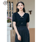 固执夏季 T恤00032TX08212 黑色短袖 新款 学院风设计感v领泡泡袖
