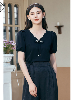 固执夏季新款学院风设计感v领泡泡袖黑色短袖T恤00032TX08212