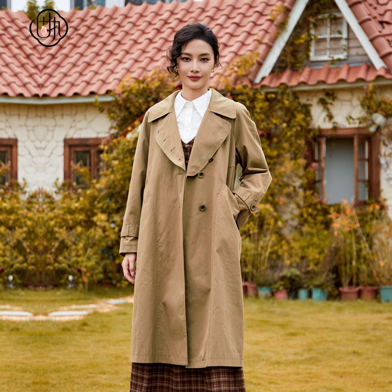 气质西装领排扣长袖 绑带中长款风衣外套女