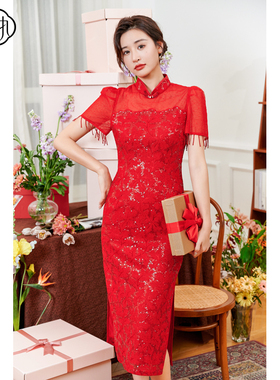 固执夏季新款中式蕾丝短袖流苏修身中长旗袍裙20932QP07870