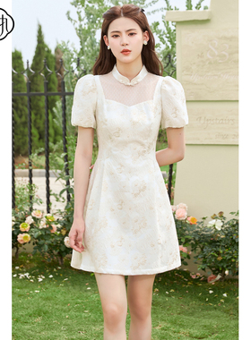 固执夏新款立领拼接蕾丝泡泡袖小个子短袖连衣裙80132LQ08121