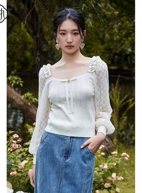固执秋季新款学院风蝴蝶结方领蕾丝长袖针织衫80133MY08270
