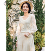 固执春新款 复古纯色方领拼接网纱长袖 针织毛衣女32431MY07925