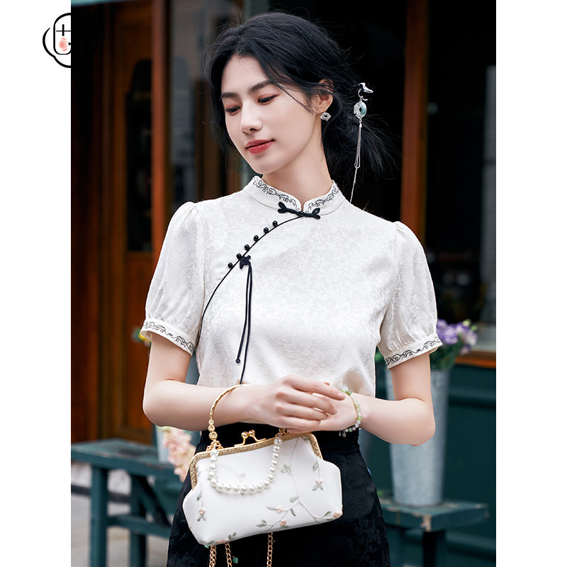 固执新中式刺绣提花短袖衬衫