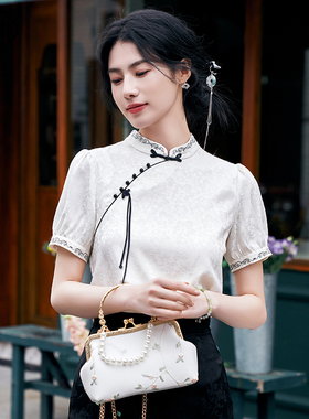 固执夏季新款新中式刺绣立领盘扣提花钉珠短袖衬衫10842SY09263