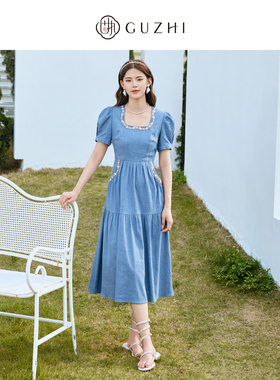 固执夏季新复古学院风方领泡泡袖绣花短袖连衣裙32232LQ08141
