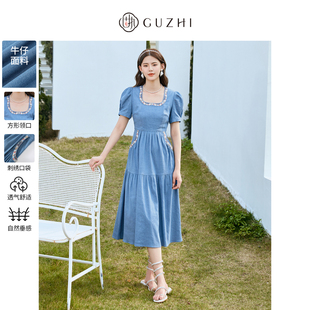 固执夏季 连衣裙32232LQ08141 新复古学院风方领泡泡袖 绣花短袖