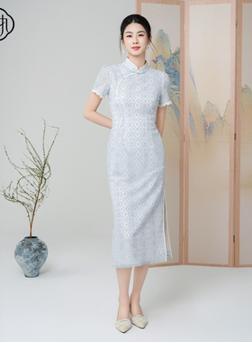 固执夏季新款中式立领盘扣蕾丝短袖修身改良旗袍30042QP09094