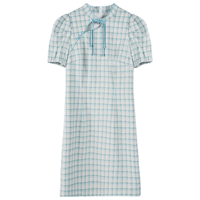 固执夏季新款中国风格子旗袍气质泡泡袖短连衣裙30732QP07849