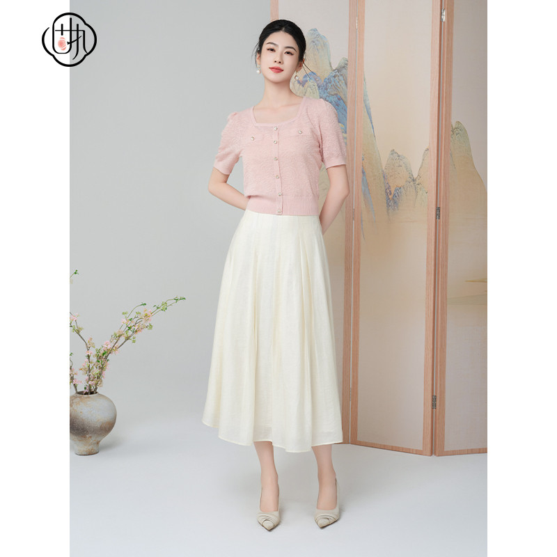 固执夏季新款复古气质百褶高腰显瘦纯色百搭中长款a字半身裙