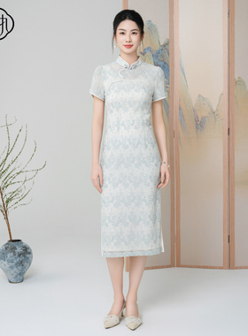 固执夏季新款中式立领盘扣短袖蕾丝修身改良旗袍32442QP09091