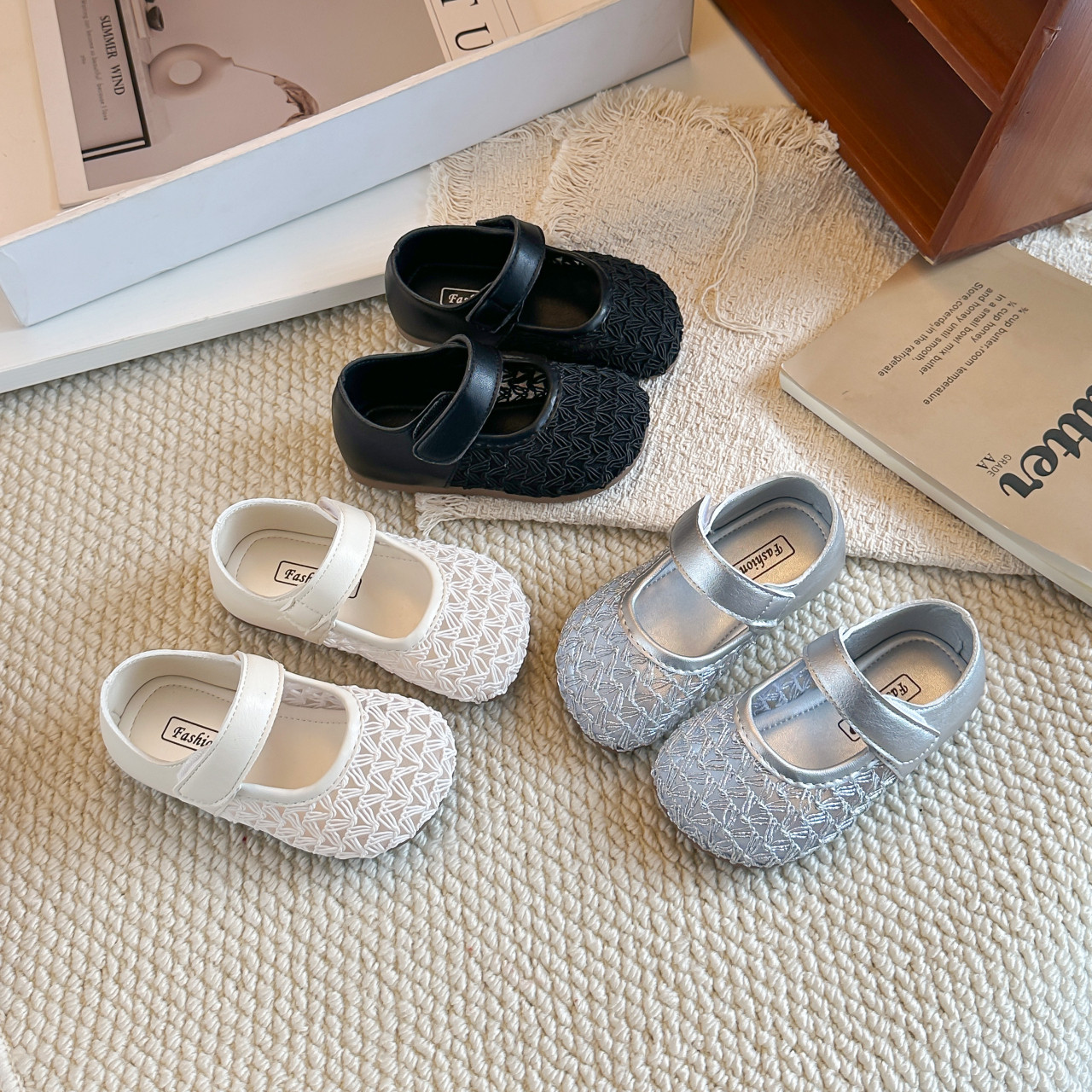 法式镂空编织透气玛丽珍鞋女童魔术贴皮鞋圆头平底百搭简约风单鞋