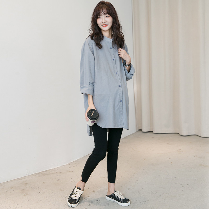 출산 가을 긴팔 상의 중간 길이 셔츠 한국식 루즈하고 심플하며 다재다능한 봄 가을 셔츠
