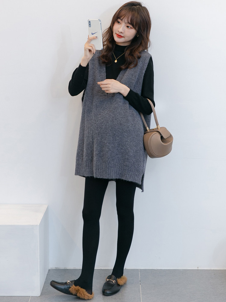 PREGNANT WOMEN AUTUMN SUITS FASHIONABLE FASHION MOMS VERSATILE HIGH NECK BOTTOMS KNITTED V-NECK SWEATERS VESTS AUTUMN AND WINTER TWO-PIECE SETS