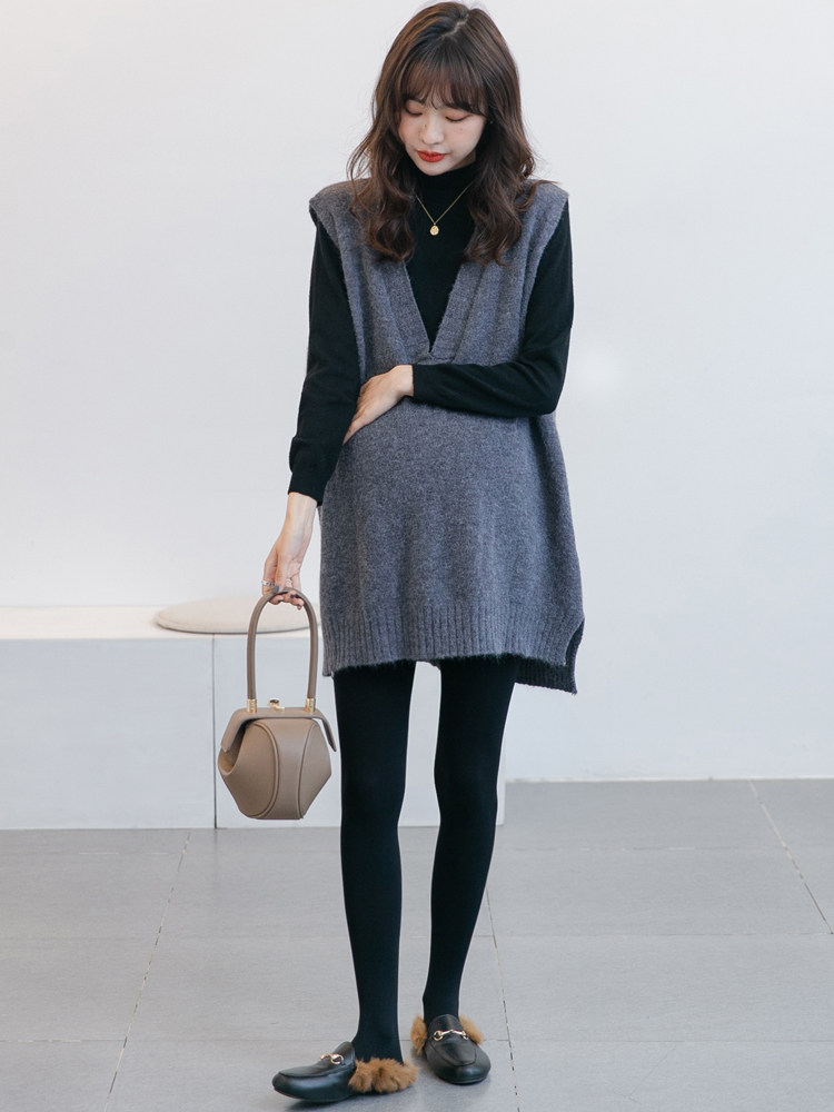 PREGNANT WOMEN AUTUMN SUITS FASHIONABLE FASHION MOMS VERSATILE HIGH NECK BOTTOMS KNITTED V-NECK SWEATERS VESTS AUTUMN AND WINTER TWO-PIECE SETS