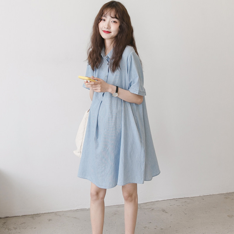孕妇夏装连衣裙2020新款短袖潮妈时尚宽松可哺乳孕妇衬衫裙中长款