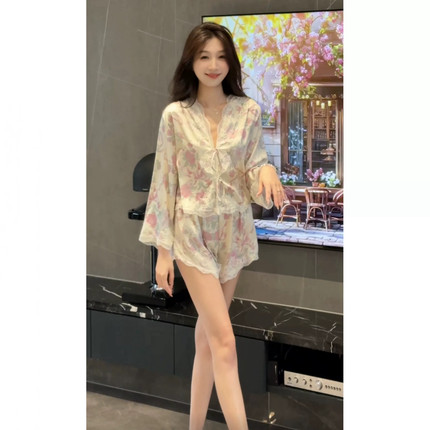 法式睡衣女冰丝套装纯欲风碎花蕾丝边绑带宽松显瘦家居服可外穿