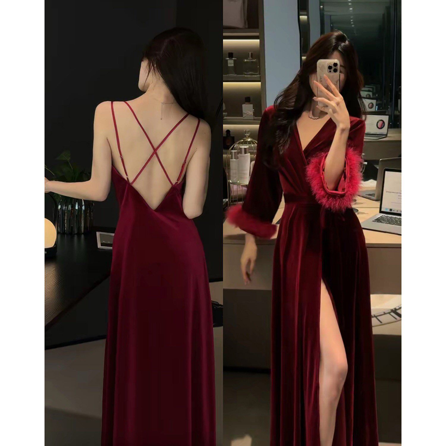 法式丝缎绒长裙长袍睡裙女