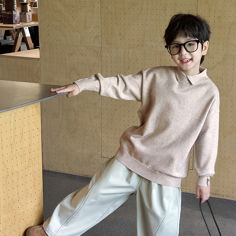 男童加厚毛衣2025冬季新款儿童老钱风纯色针织衫翻领男宝冬装洋气