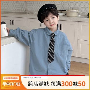 男童衬衫春季儿童新款童装衬衣韩版领带学院风蓝色男宝宝表演上衣