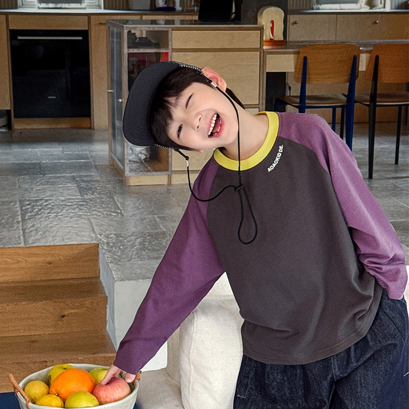 男童长袖T恤2026春季新款儿童拼色打底衫男宝春装纯棉插肩袖上衣