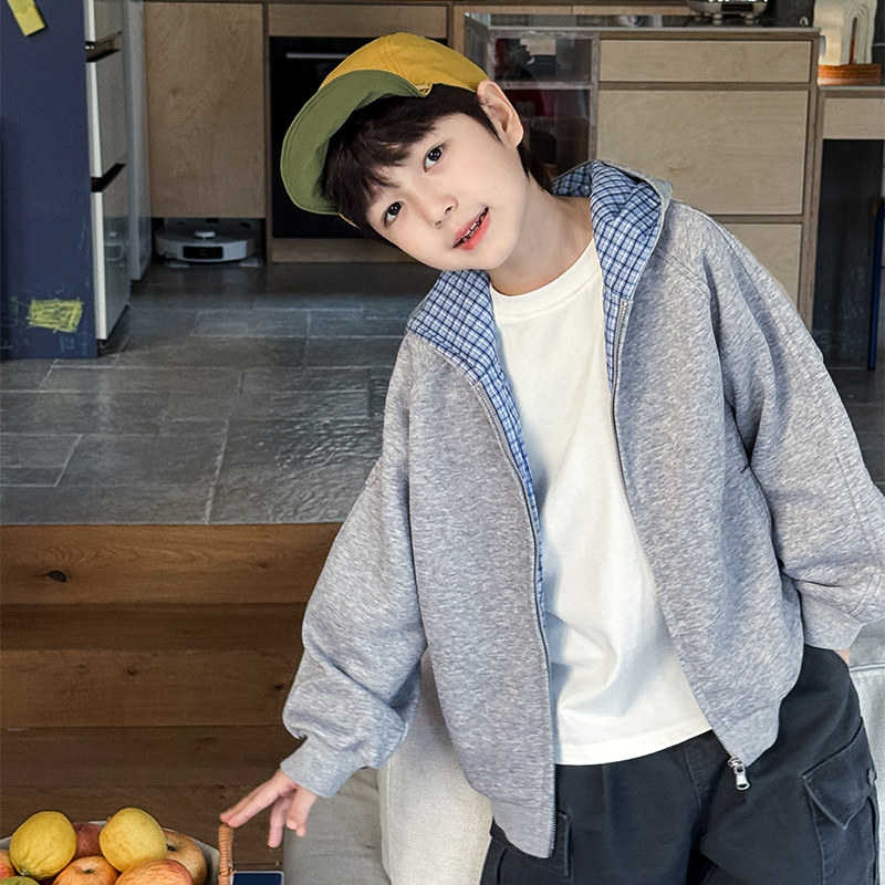 男童外套2026春季新款儿童卫衣开衫连帽上衣韩版格子纹男宝春装潮