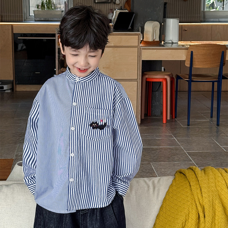 男童衬衫长袖2026春季新款儿童条纹纯棉衬衣拼接男孩春装上衣外套