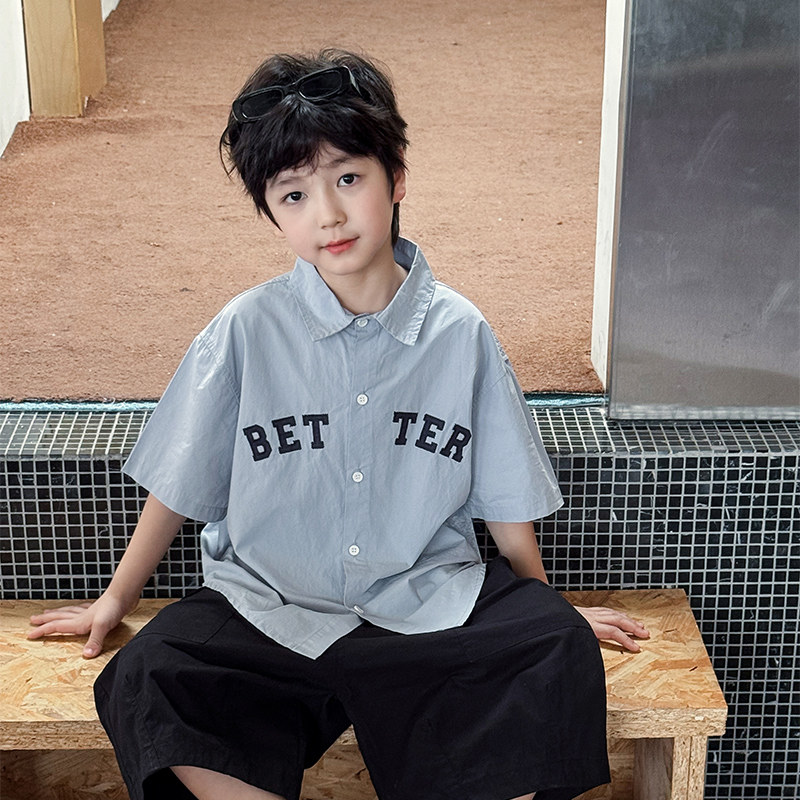 男童短袖衬衫2026夏季新款儿童纯棉衬衣蓝色男宝夏装洋气上衣薄款