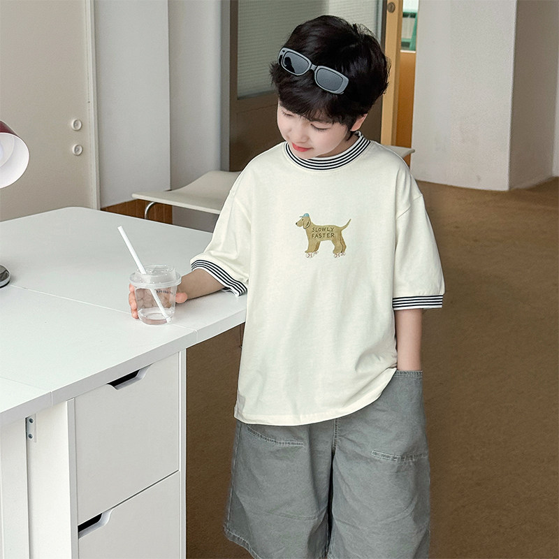 男童短袖T恤2026夏季新款儿童撞色条纹领小狗印花t纯棉男宝夏装潮