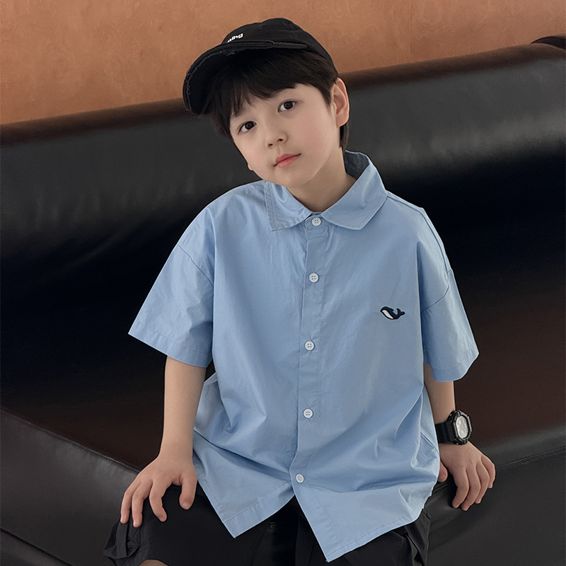 男童純棉短袖夏季翻領純色襯衫