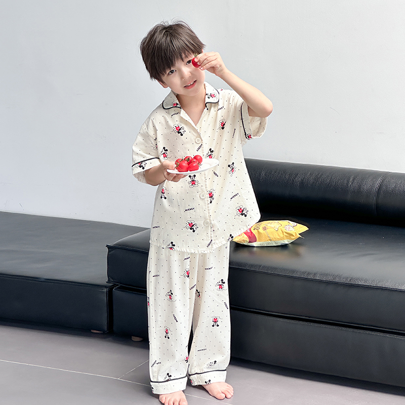 男童家居服2025夏季新款儿童全棉睡衣套装舒适开衫翻领宝宝夏装潮