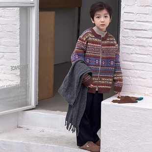 男童费尔岛毛衣2025冬季新款儿童加厚保暖针织开衫男宝冬装内搭潮