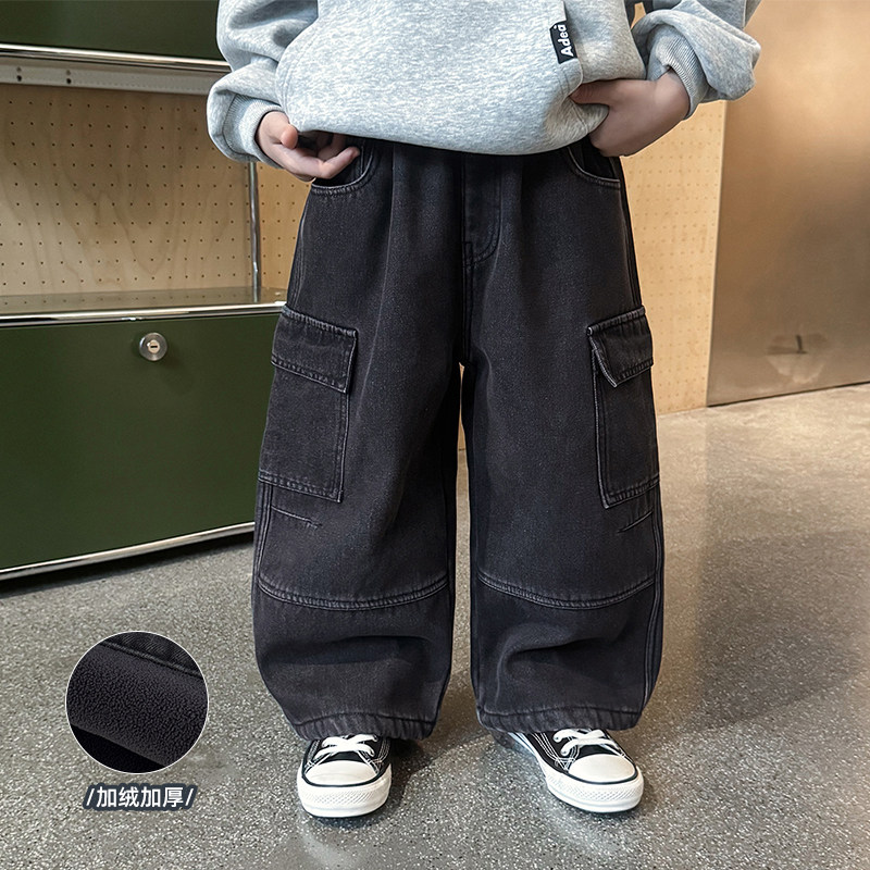 男童长裤一体绒加厚牛仔工装裤