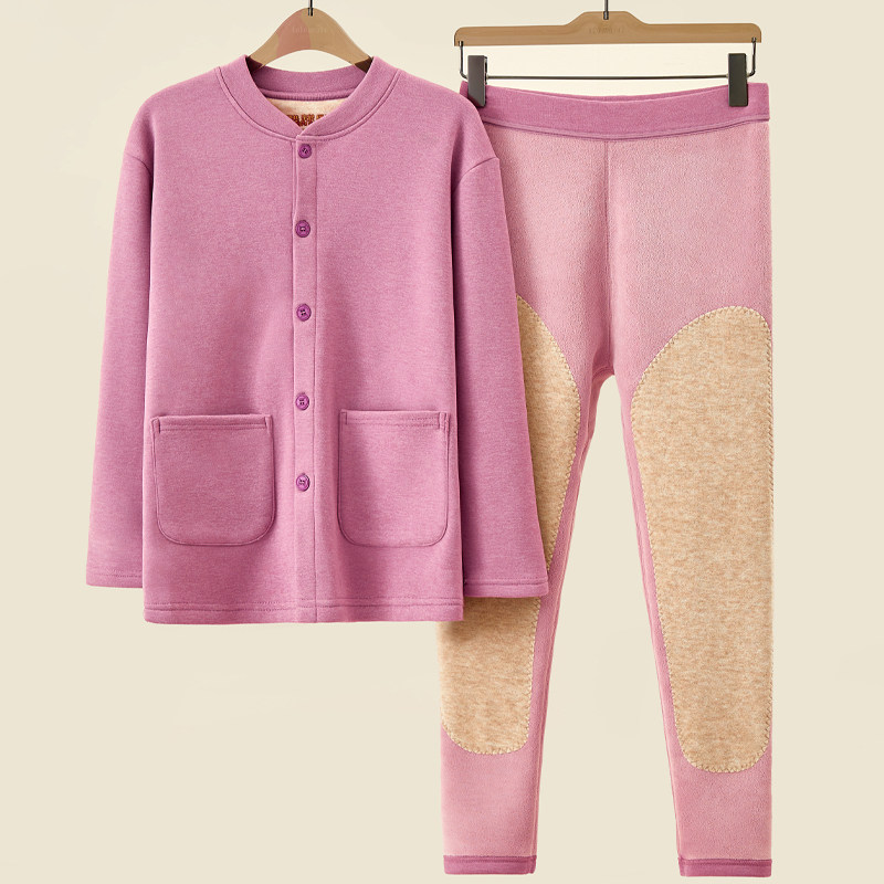 中老年女士加厚绒保暖宽松妈妈加肥大尺码高腰护膝开衫襟内衣裤套