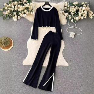 two pcs women suit knitted casual sweater 针织上衣开叉长裤子