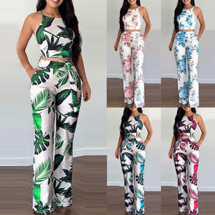2 pieces set women's Summer tops shorts printed pants suit