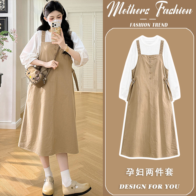 孕妇连衣裙卡其色套装春秋2026新款韩版时尚宽松遮肚背带裙两件套