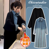 孕妇连衣裙套装 针织毛衣外套休闲宽松牛仔中长款 春秋冬装 2026新款